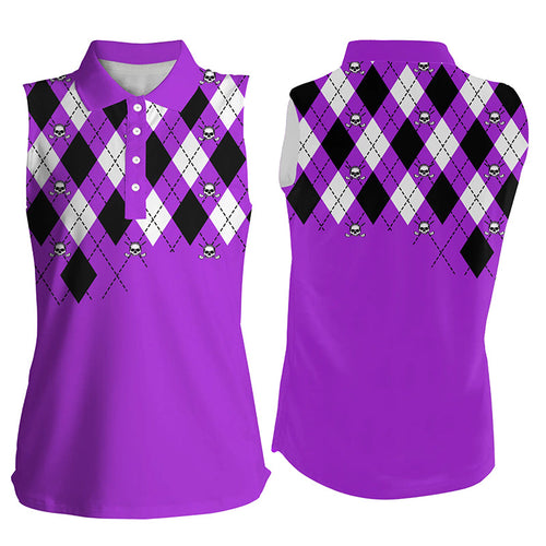 Women Sleeveless polo shirt purple argyle plaid golf skull pattern, ladies purple golf tops NQS7213