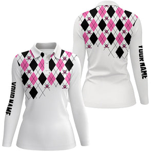 Womens golf polo shirt pink and black argyle plaid golf skull pattern custom white ladies golf tops NQS7214