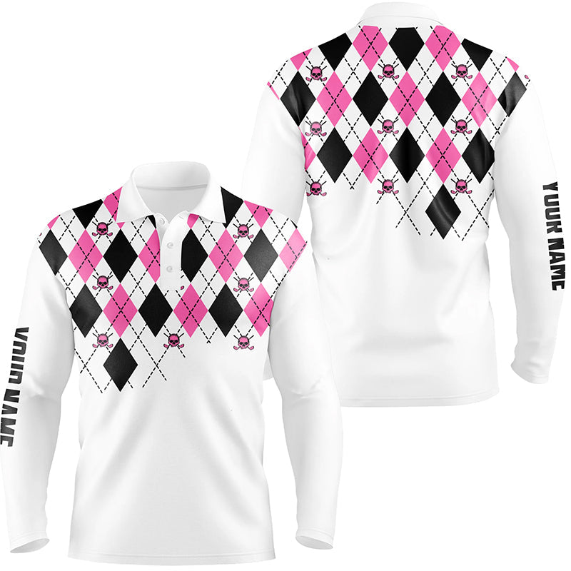 Mens golf polo shirts pink and black argyle plaid golf skull pattern custom white mens golf tops NQS7214