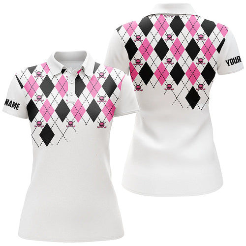 Womens golf polo shirt pink and black argyle plaid golf skull pattern custom white ladies golf tops NQS7214