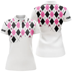 Womens golf polo shirt pink and black argyle plaid golf skull pattern custom white ladies golf tops NQS7214