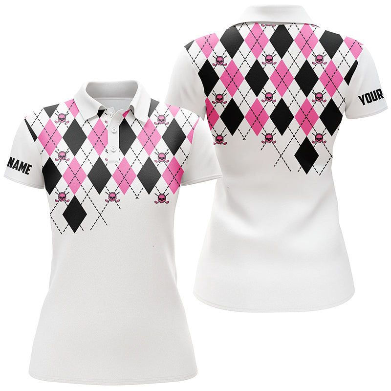 Womens golf polo shirt pink and black argyle plaid golf skull pattern custom white ladies golf tops NQS7214