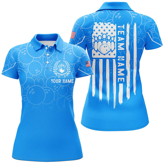 Blue bowling camo Women bowling polo shirt Custom American flag patriotic bowling team league jerseys NQS7215