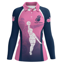 Load image into Gallery viewer, Blue and pink Women bowling polo shirts custom bowling team shirts, personalized bowling jerseys NQS7221