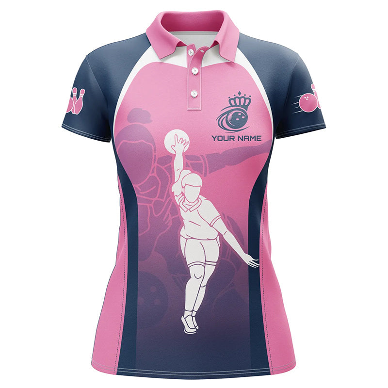 Blue and pink Women bowling polo shirts custom bowling team shirts, personalized bowling jerseys NQS7221