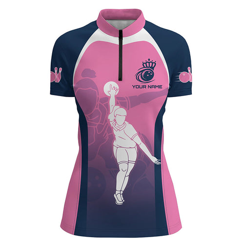 Blue and pink Womens Quarter Zip shirts custom bowling team shirts, personalized bowling jerseys NQS7221