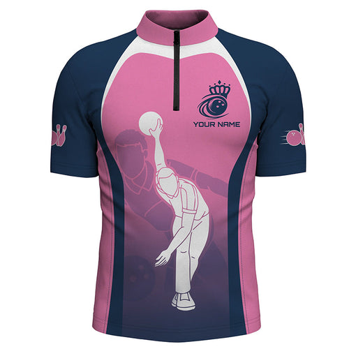 Blue and pink Men's bowling Quarter Zip shirt custom bowling team shirts, personalized bowling jerseys NQS7221