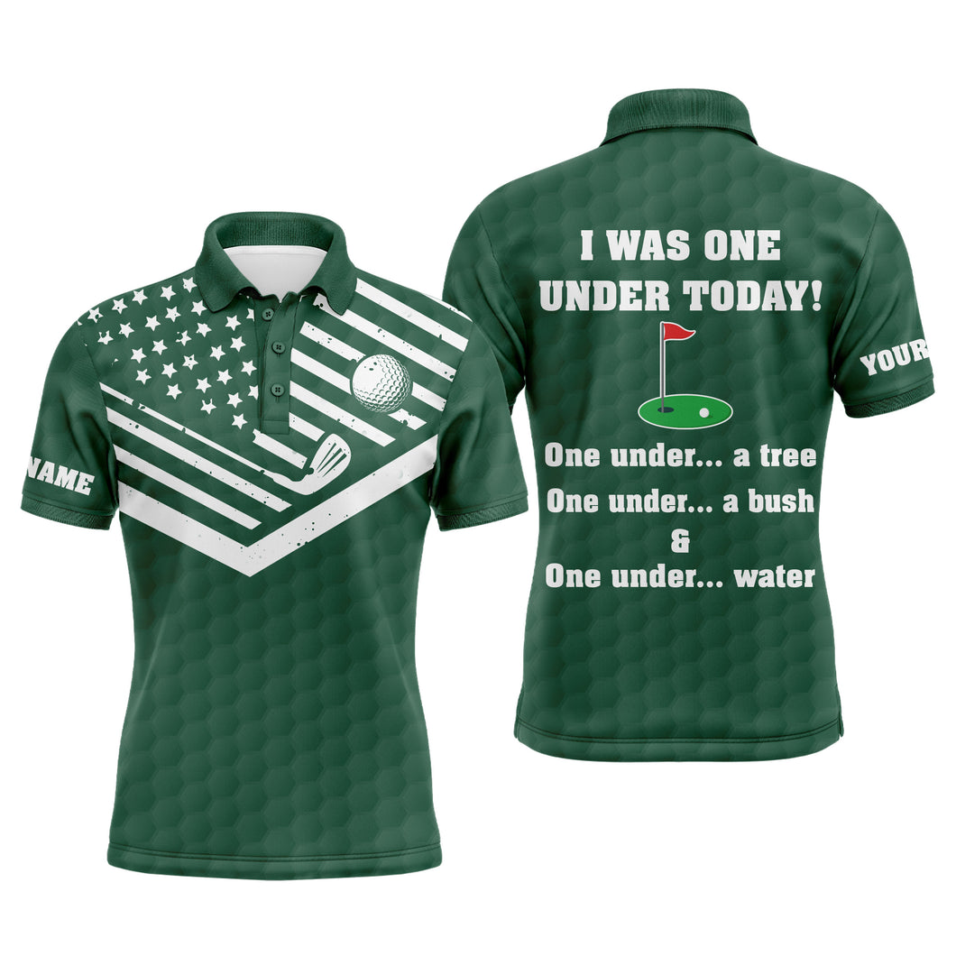 American flag green Mens golf polos shirts custom I was one under today, under a tree, bush and water NQS5092