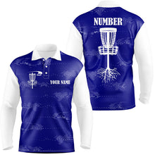 Load image into Gallery viewer, Blue and white Mens disc golf polo shirts custom disc golf basket, personalized disc golf gifts NQS6757
