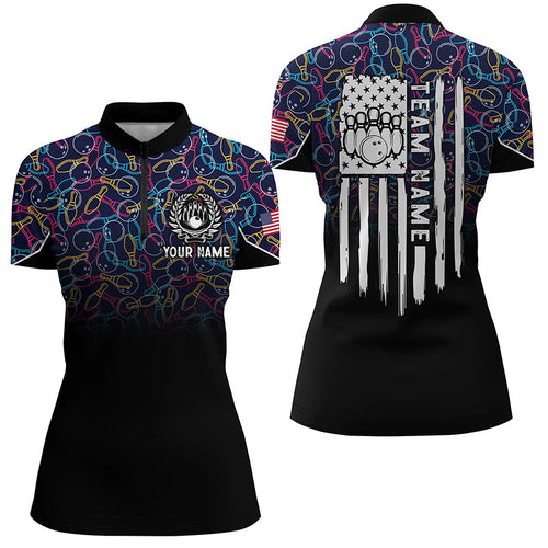 Black bowling camo Women bowling Quarter Zip shirt Custom American flag patriotic bowling team jerseys NQS6759