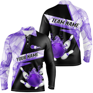 Bowling flame purple smoke pattern Custom black Mens Bowling polo shirts, Team Bowling League Jerseys NQS7229