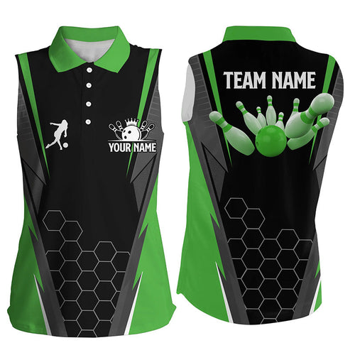 Black women's Bowling sleeveless polo Shirt Custom ladies Bowlers Jersey, team bowling outfits | Green NQS6502