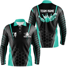 Load image into Gallery viewer, Black Men's Bowling polo Shirt Custom Name mens Bowlers Jersey, team bowling outfits | Turquoise NQS6505