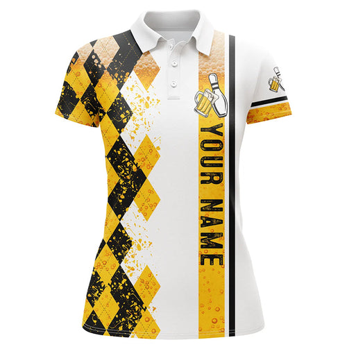 Funny black and yellow argyle Bowling beer Polo shirt for women custom team bowling jerseys for ladies NQS6950