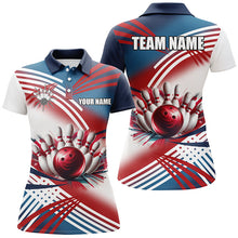 Load image into Gallery viewer, Red, white and blue Women bowling polo shirts Custom Team bowling ball and pins shirts for ladies NQS7234