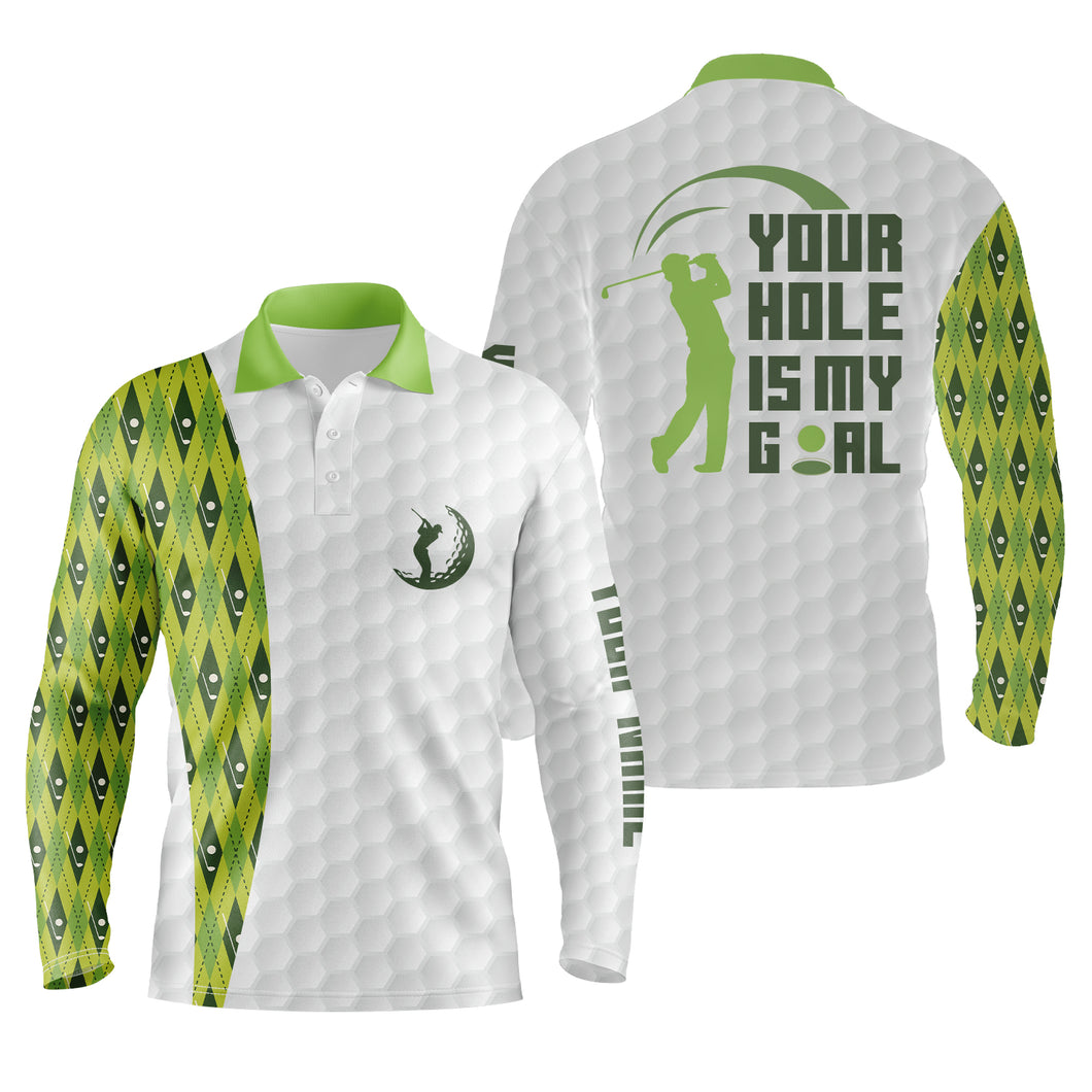 Funny Mens golf polos shirts custom your hole is my goal green argyle pattern white golf balls shirts NQS5118