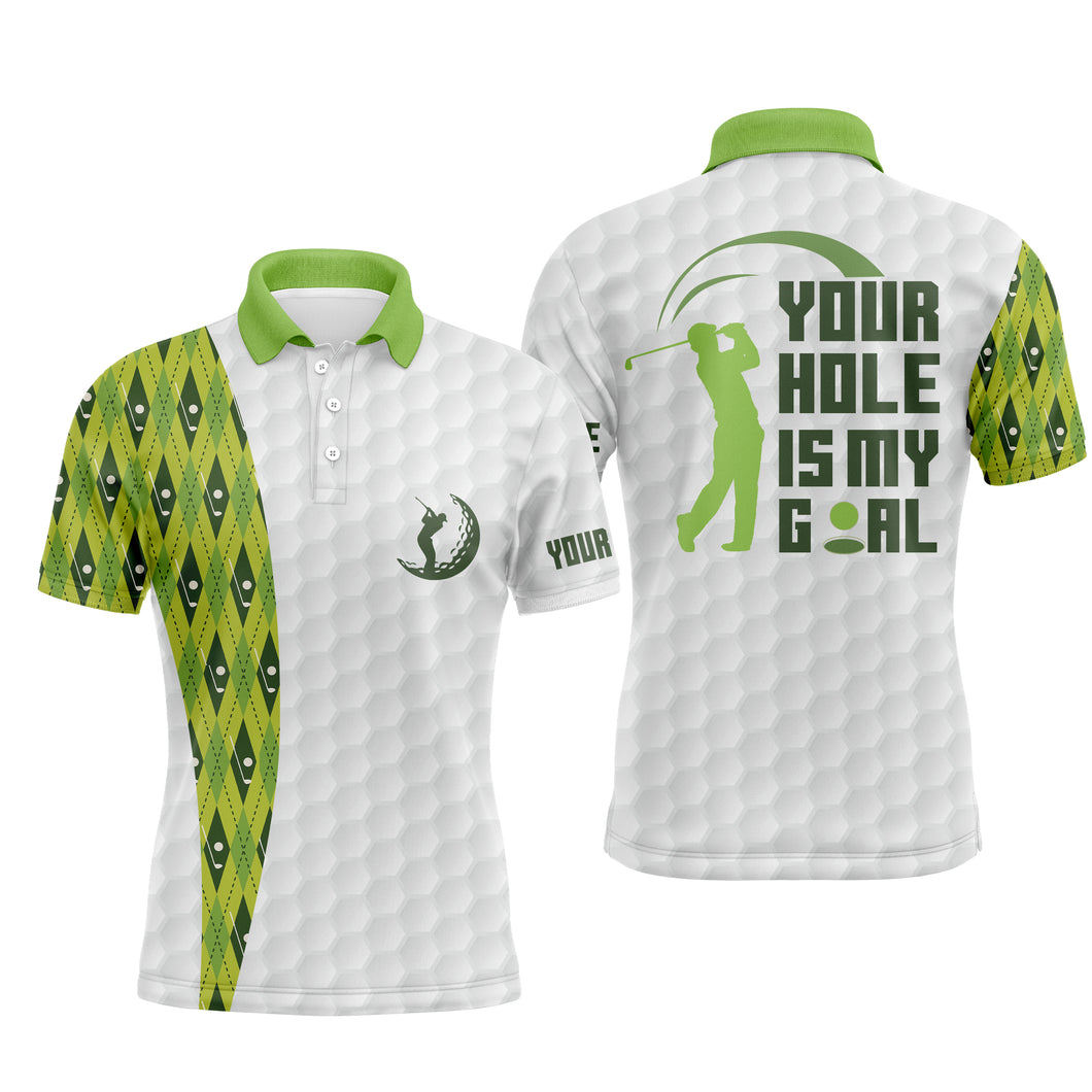 Funny Mens golf polos shirts custom your hole is my goal green argyle pattern white golf balls shirts NQS5118