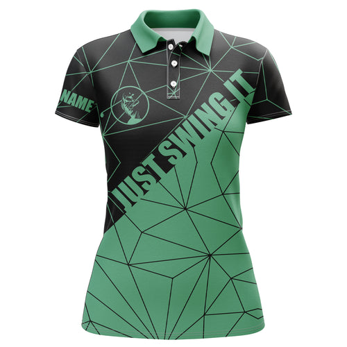 Womens golf polos shirts Just swing it custom name green geometric pattern golf shirts for women NQS5119