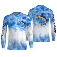 Load image into Gallery viewer, Marlin saltwater fishing blue sea camo Custom Name sun protection UPF long sleeves fishing jersey shirt NQS3541