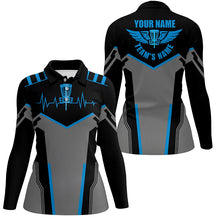 Load image into Gallery viewer, Black Women disc golf polo shirts custom disc golf heartbeat shirt for women, disco golf outfit | Blue NQS6303
