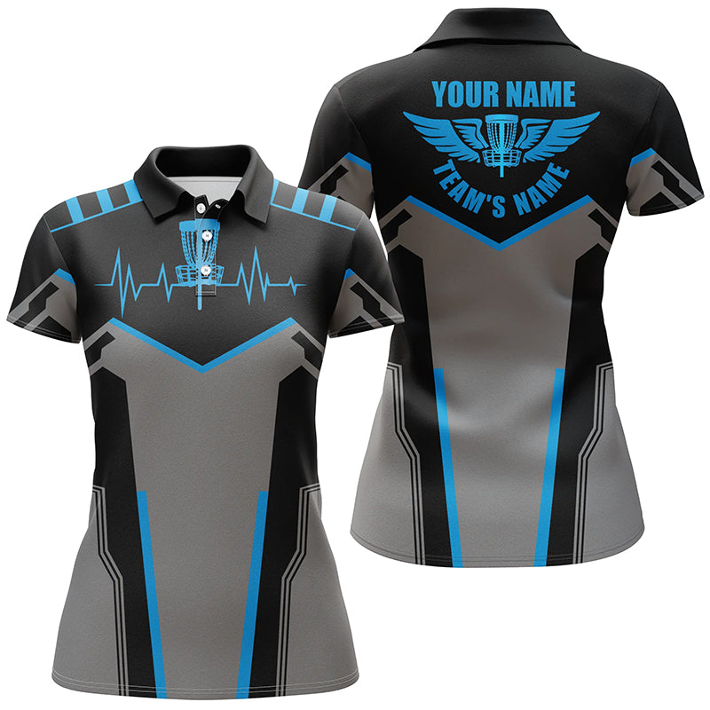 Black Women disc golf polo shirts custom disc golf heartbeat shirt for women, disco golf outfit | Blue NQS6303