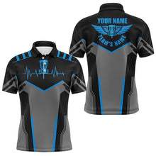 Load image into Gallery viewer, Black Mens disc golf polo shirts custom disc golf heartbeat shirt for men, disco golf outfit | Blue NQS6303