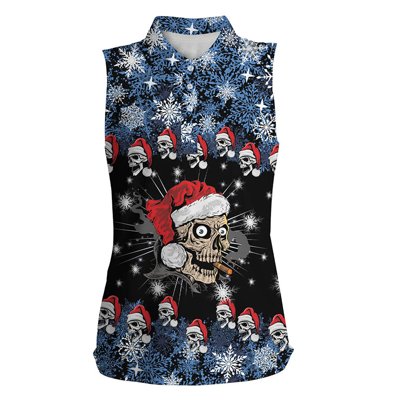 Funny Christmas Skull Santa snowflake pattern Women sleeveless polo shirt, golf attire for ladies NQS6778