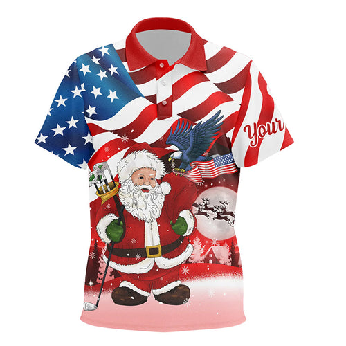 Christmas Santa American flag patriotic custom Kid golf polo shirts, Xmas US flag golf shirts Kid NQS6780