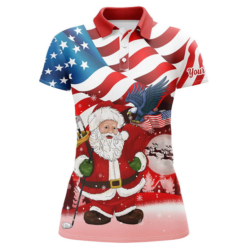 Christmas Santa American flag patriotic custom Women golf polo shirts, Xmas US flag golf shirts ladies NQS6780
