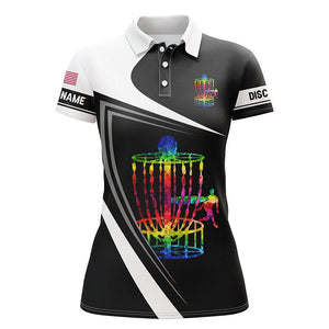 Womens disc golf polo shirt custom name watercolor disc golf basket, black and white disc golf shirts NQS4483