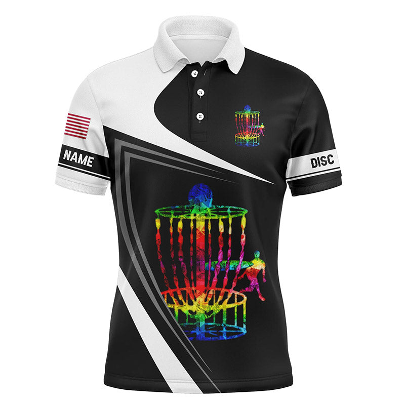 Mens disc golf polo shirt custom name watercolor disc golf basket, black and white disc golf shirts NQS4483