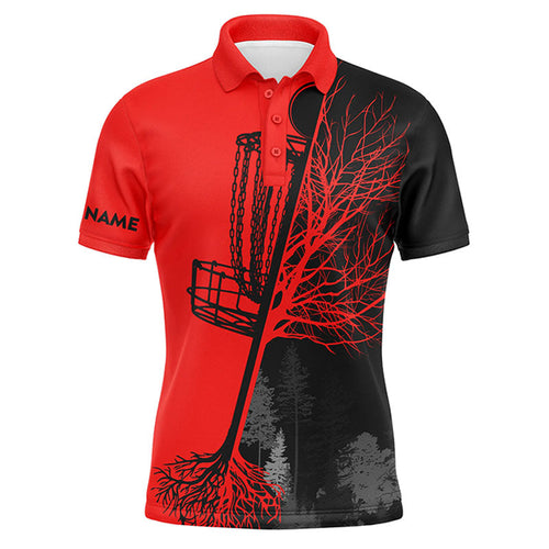 Mens disc golf polo shirt custom name black and red disc golf basket, personalized disc golf shirts NQS6985