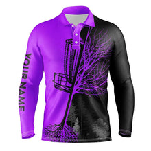 Load image into Gallery viewer, Mens disc golf polo shirt custom name black and purple disc golf basket, personalized disc golf shirts NQS6986