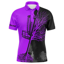 Load image into Gallery viewer, Mens disc golf polo shirt custom name black and purple disc golf basket, personalized disc golf shirts NQS6986