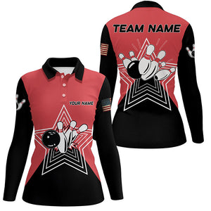 Red and Black retro bowling ball pins star custom Women bowling polo shirt team league jerseys NQS6787