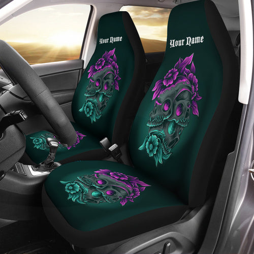 Skull Love Couple and Roses Car Seat Cover, Custom Flower Skull Seat Covers Set of 2, Valentine Skull Girl gifts - NQS2278