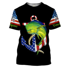 Load image into Gallery viewer, Mahi mahi Dorado fishing legend American flag 4th July Customize Name UV protection UPF 30+ long sleeve fishing shirt NQS1936