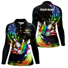 Load image into Gallery viewer, Womens bowling polo shirts Custom Rainbow flame Bowling ball and pins Team league bowler Jersey NQS6807