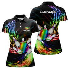 Load image into Gallery viewer, Womens bowling polo shirts Custom Rainbow flame Bowling ball and pins Team league bowler Jersey NQS6807