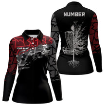 Load image into Gallery viewer, Red camo abstract pattern black Womens disc golf polo shirt custom disc golf clothing NQS6811