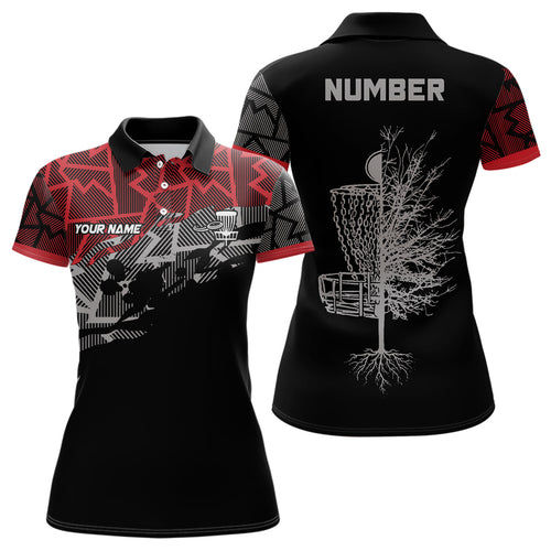 Red camo abstract pattern black Womens disc golf polo shirt custom disc golf clothing NQS6811