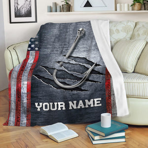 Personalized American flag fish hook Fishing Blanket, Gifts For Fisherman NQS7004