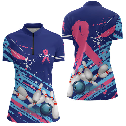 Womens bowling Quarter Zip shirt Custom blue American flag Pink Ribbon bowling Breast Cancer Awareness NQS6339