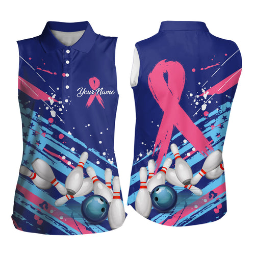 Women sleeveless polo shirts Custom blue American flag Pink Ribbon bowling Breast Cancer Awareness NQS6339
