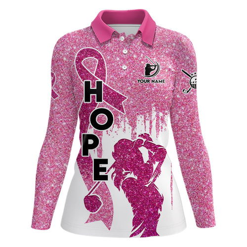 Pink glitter Womens golf polo shirt custom pink ribbon breast cancer awareness golf shirt for ladies NQS6556