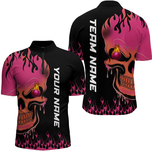 Pink Flame Bowling Skull custom Men Quarter Zip Shirt, Team League Jerseys Gift For Bowlers NQS6835