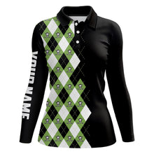 Load image into Gallery viewer, Green argyle plaid skull pattern custom black Women golf polo shirt, golf tops for ladies golfing gift NQS6844