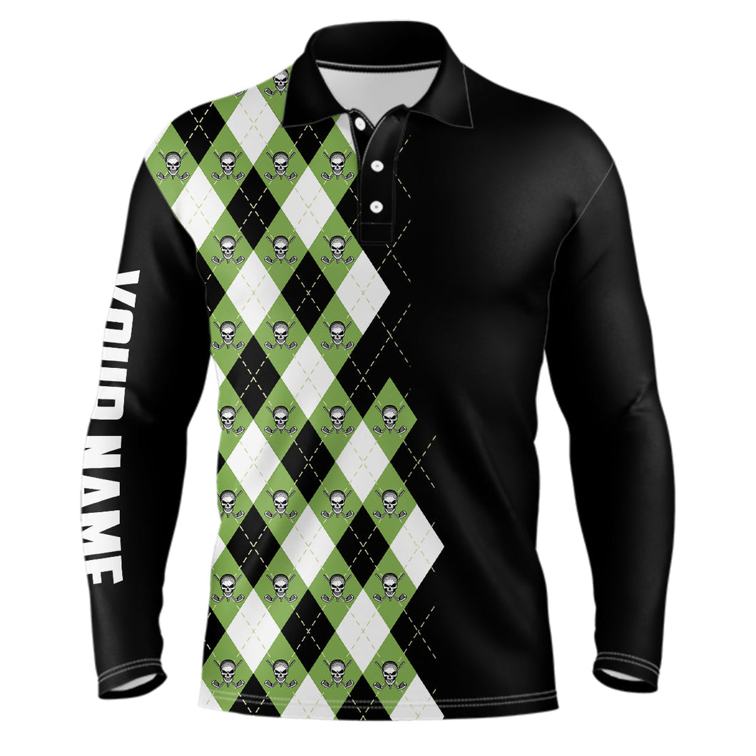 Green argyle plaid skull pattern custom black mens golf polo shirt, golf tops for men golfing gifts NQS6844