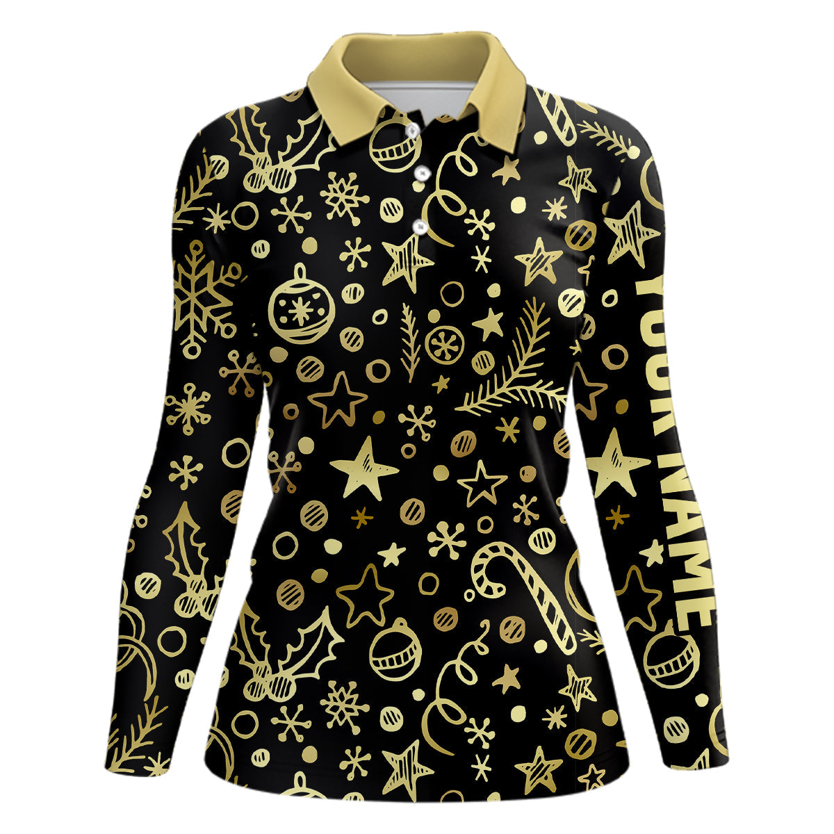 Women golf polo shirts custom golden Christmas black pattern shirt for ladies, personalized golf gifts NQS6586