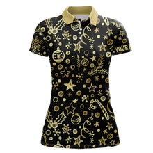 Load image into Gallery viewer, Women golf polo shirts custom golden Christmas black pattern shirt for ladies, personalized golf gifts NQS6586